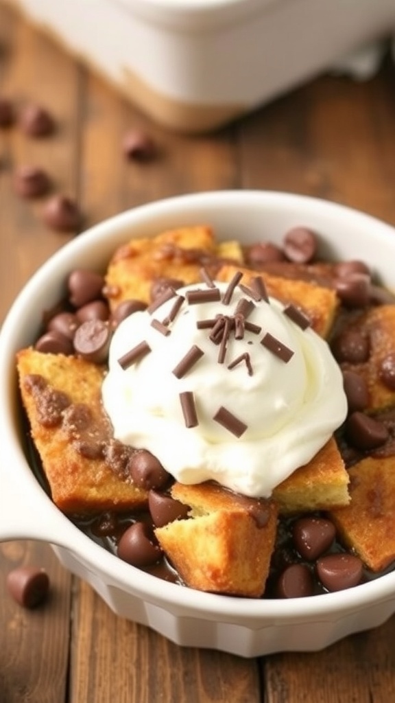 No-Bake Chocolate Bread Pudding Recipe No-bake chocolate bread pudding served in a white dish, topped with whipped cream and chocolate shavings.
